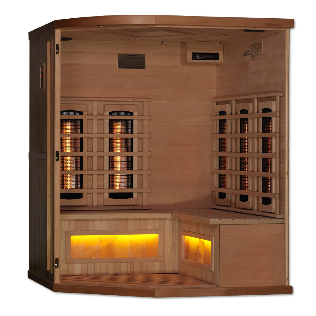 Golden Designs | 3-Person Corner PureTech™ Full Spectrum Near Zero EMF FAR Infrared Sauna with Himalayan Salt Bar | GDI-8035-02