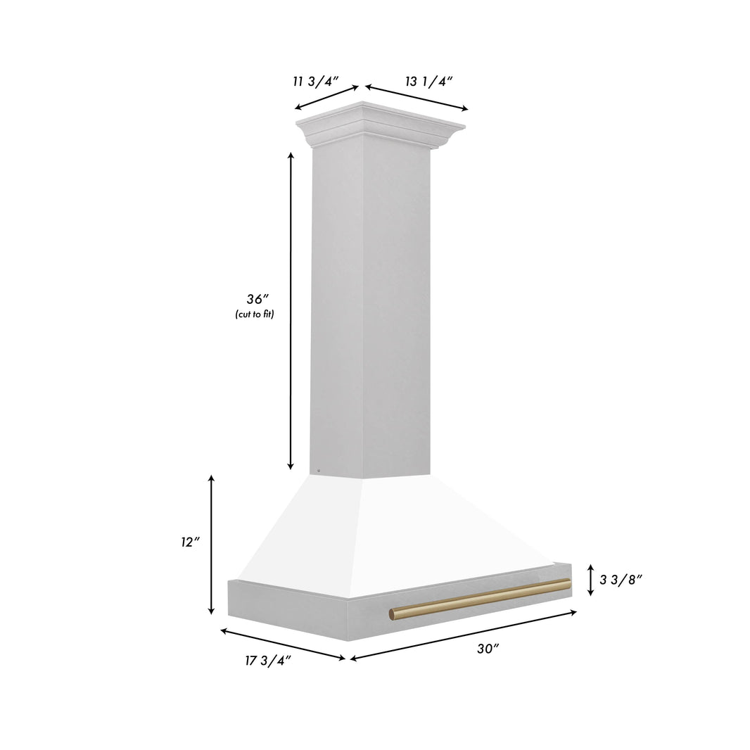 ZLINE 30-Inch Autograph Edition Wall Mounted Range Hood in DuraSnow® Stainless Steel with White Matte Shell and Champagne Bronze Handle (KB4SNZ-WM30-CB)