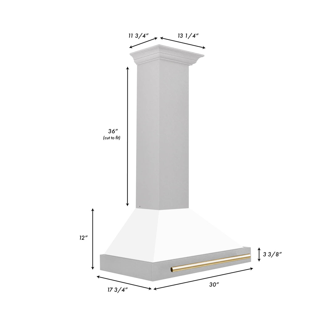 ZLINE 30-Inch Autograph Edition Wall Mounted Range Hood in DuraSnow® Stainless Steel with White Matte Shell and Gold Handle (KB4SNZ-WM30-G)