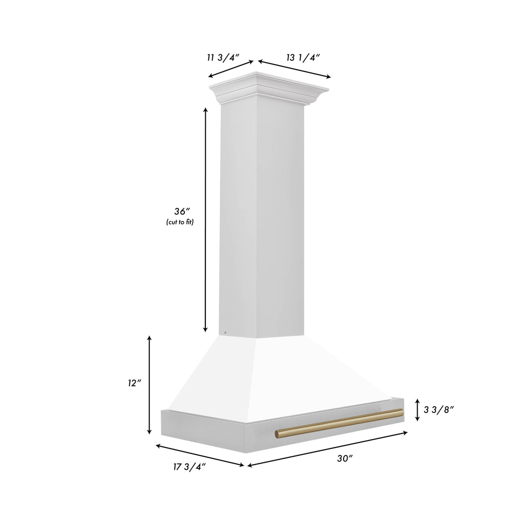 ZLINE 30-Inch Autograph Edition Wall Mounted Range Hood in Stainless Steel with White Matte Shell and Champagne Bronze Accents (KB4STZ-WM30-CB)