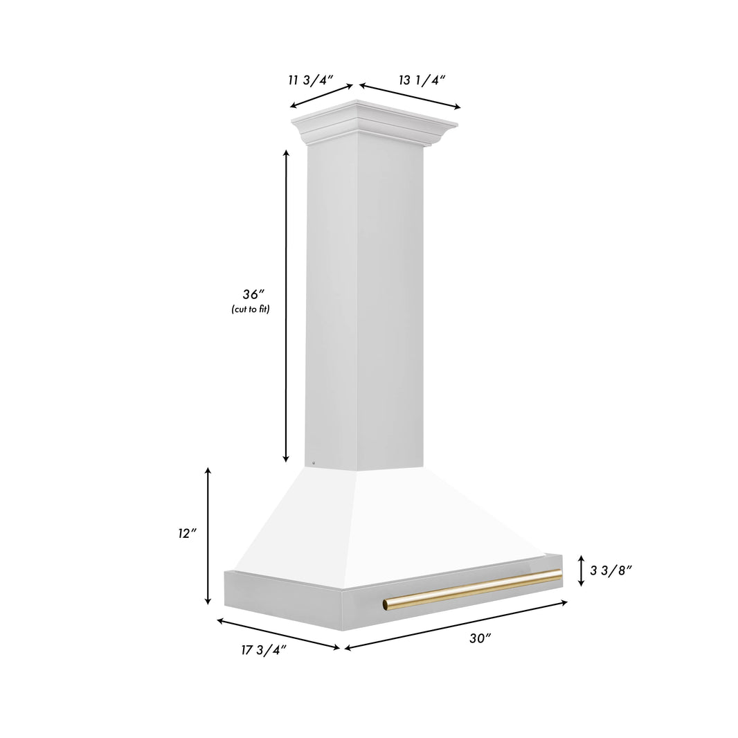 ZLINE 30-Inch Autograph Edition Wall Mounted Range Hood in Stainless Steel with White Matte Shell and Gold Accents (KB4STZ-WM30-G)