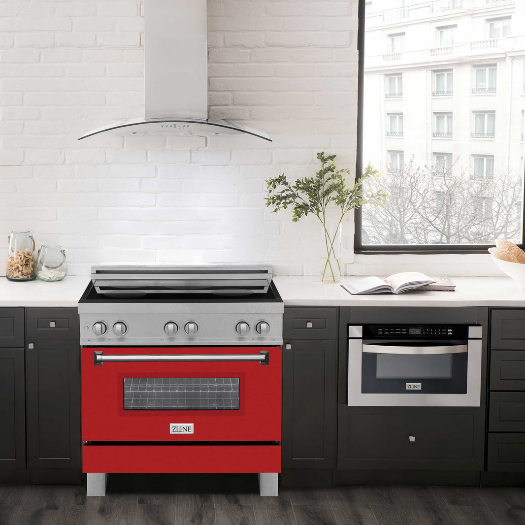 ZLINE 36-Inch 4.6 cu. ft. Induction Range with a 4 Element Stove and Electric Oven in DuraSnow Stainless Steel with Red Matte Door (RAINDS-RM-36)