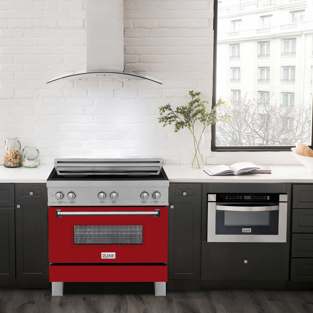 ZLINE 36-Inch 4.6 cu. ft. Induction Range with a 4 Element Stove and Electric Oven in DuraSnow Stainless Steel with Red Gloss Door (RAINDS-RG-36)