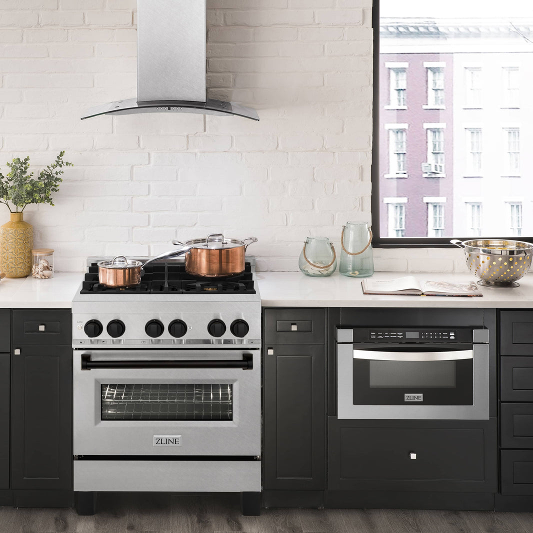 ZLINE Autograph Edition 30-Inch 4.0 cu. ft. Dual Fuel Range with Gas Stove and Electric Oven in DuraSnow® Stainless Steel with Matte Black Accents (RASZ-SN-30-MB)