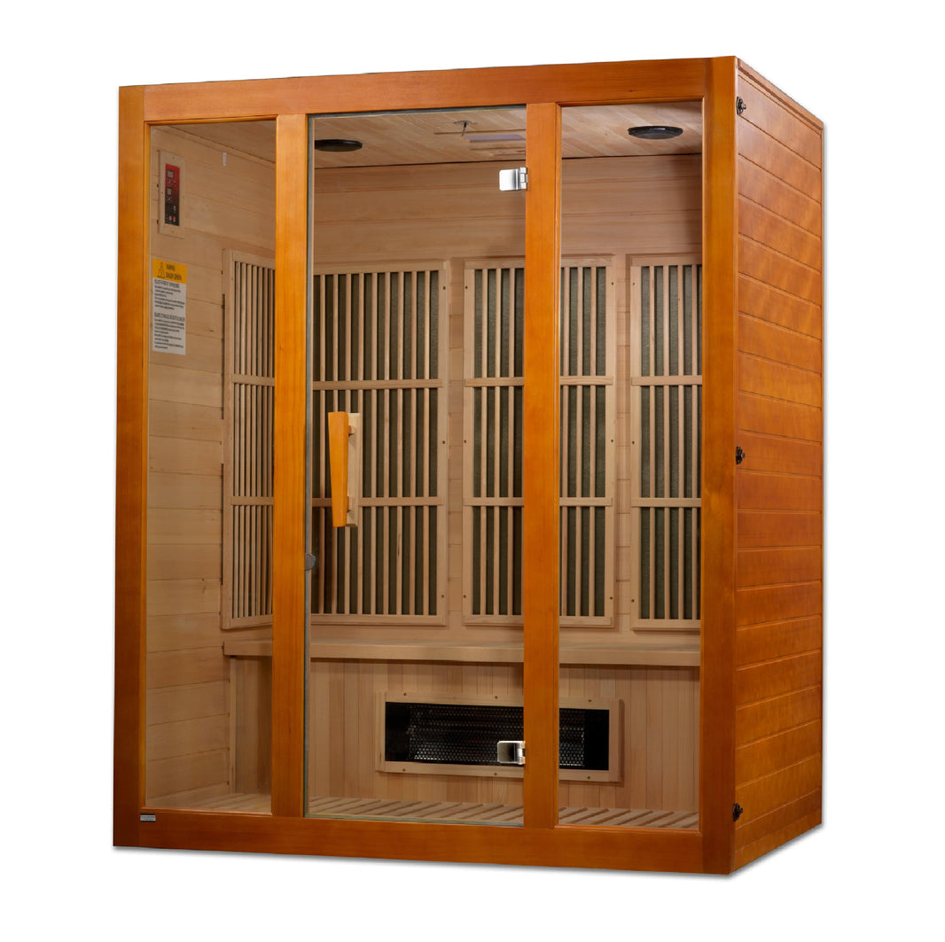 Golden Designs | Maxxus 3-Person Corner Low EMF FAR Infrared Sauna (Canadian Hemlock) | MX-J306-02S