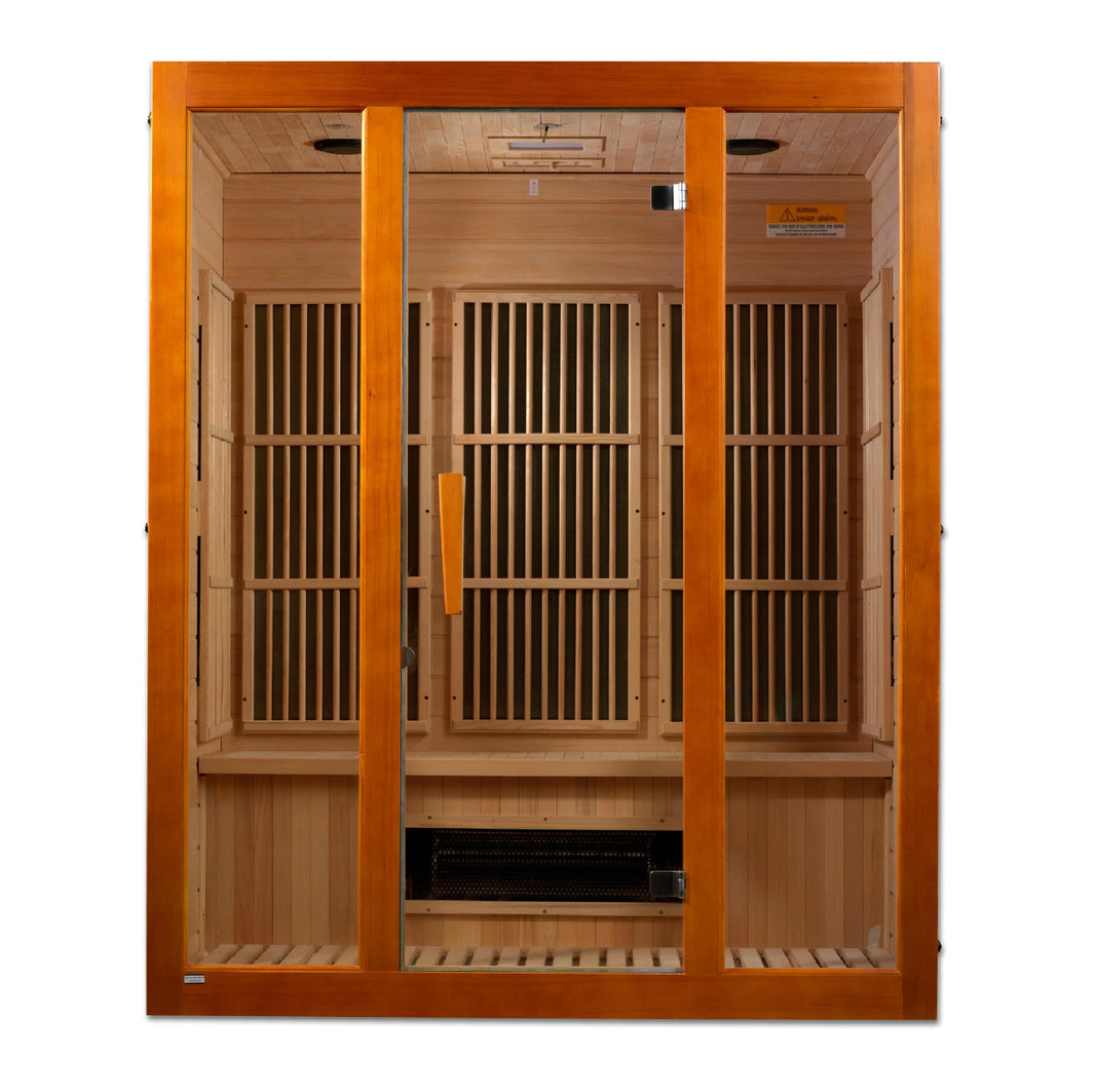 Golden Designs | Maxxus 3-Person Corner Low EMF FAR Infrared Sauna (Canadian Hemlock) | MX-J306-02S