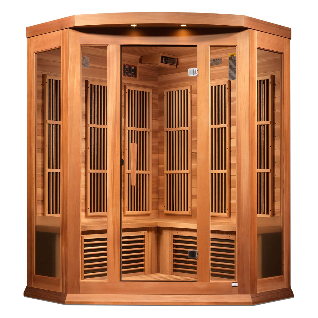 Golden Designs | Maxxus 3-Person Corner Full Spectrum Near Zero EMF FAR Infrared Sauna (Canadian Red Cedar) | MX-M356-01-FS CED