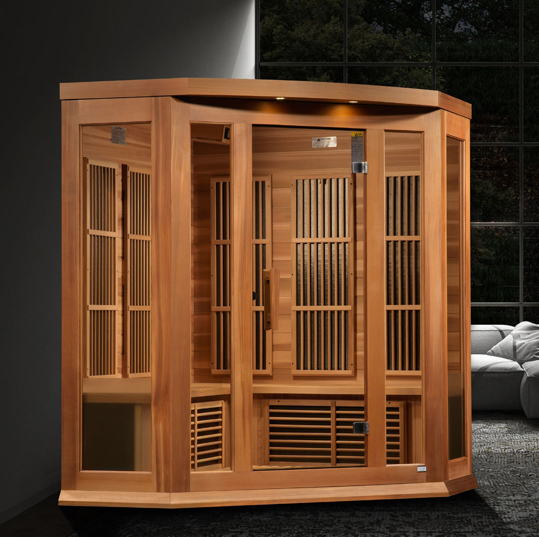 Golden Designs | Maxxus 3-Person Corner Full Spectrum Near Zero EMF FAR Infrared Sauna (Canadian Red Cedar) | MX-M356-01-FS CED