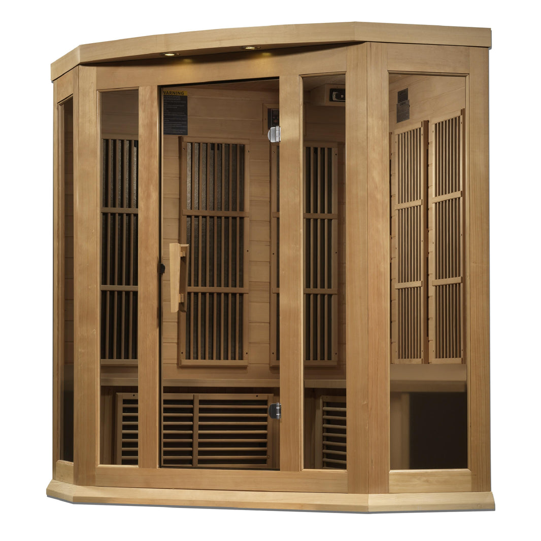 Golden Designs | Maxxus 3-Person Corner Near Zero EMF FAR Infrared Sauna (Canadian Hemlock) | MX-K356-01-ZF HEM