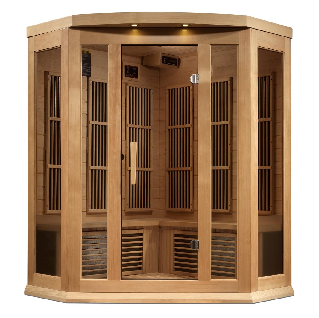 Golden Designs | Maxxus 3-Person Corner Near Zero EMF FAR Infrared Sauna (Canadian Hemlock) | MX-K356-01-ZF HEM