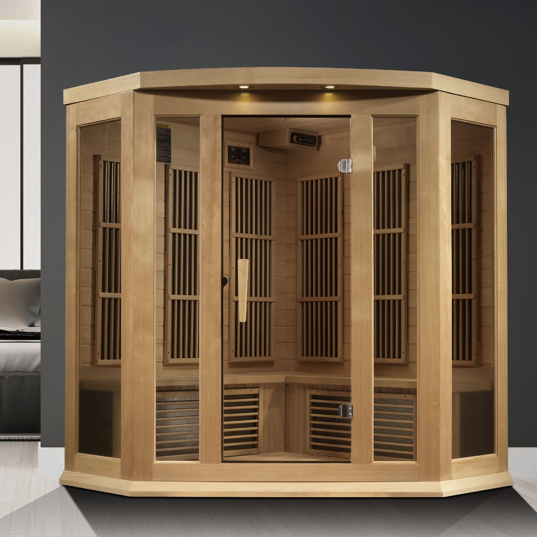 Golden Designs | Maxxus 3-Person Corner Near Zero EMF FAR Infrared Sauna (Canadian Hemlock) | MX-K356-01-ZF HEM