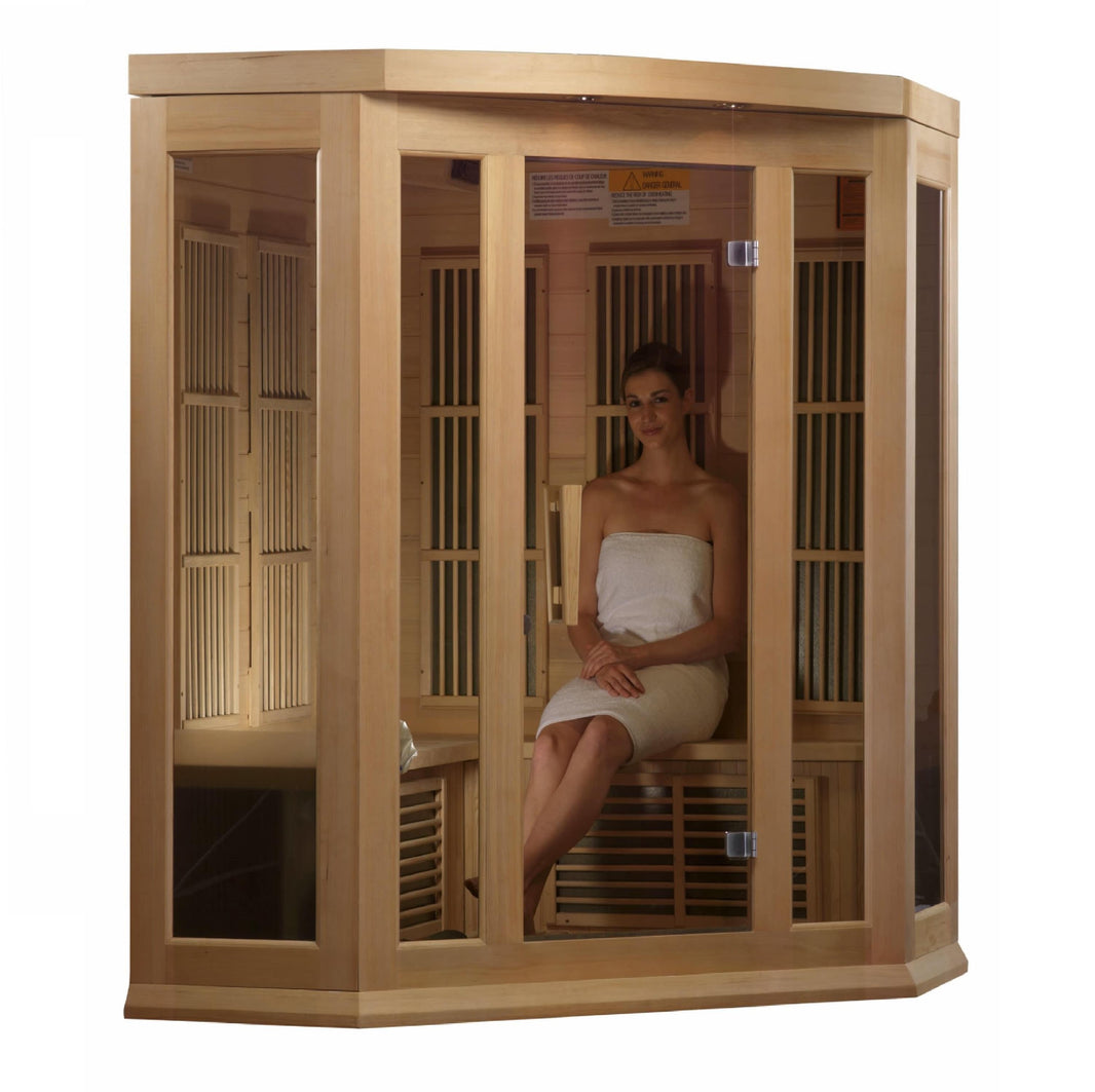 Golden Designs | Maxxus 3-Person Corner Low EMF FAR Infrared Sauna (Canadian Hemlock) | MX-K356-01 HEM