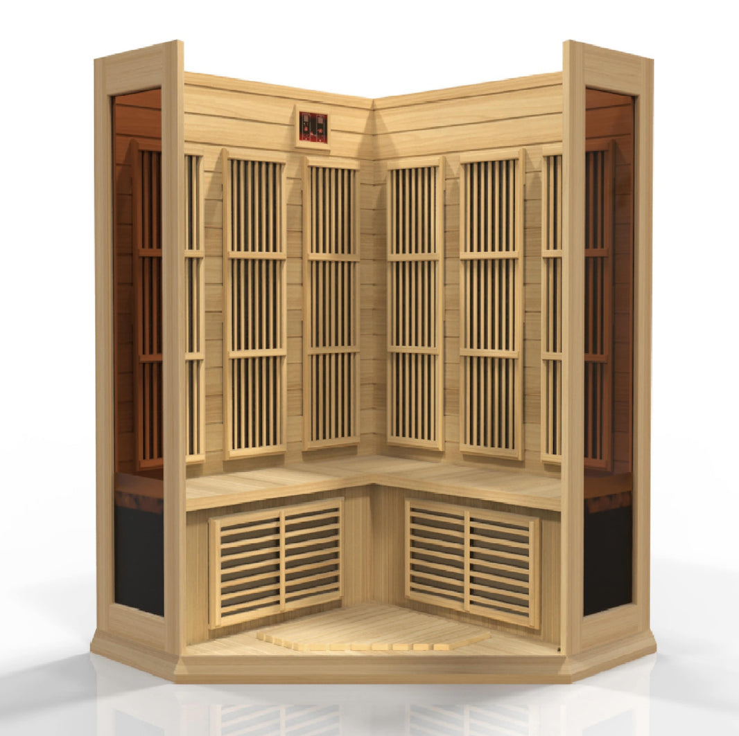 Golden Designs | Maxxus 3-Person Corner Low EMF FAR Infrared Sauna (Canadian Hemlock) | MX-K356-01 HEM