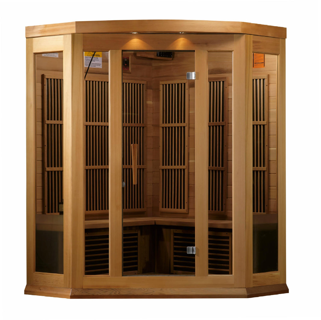 Golden Designs | Maxxus 3-Person Corner Low EMF FAR Infrared Sauna (Canadian Red Cedar) | MX-K356-01 CED