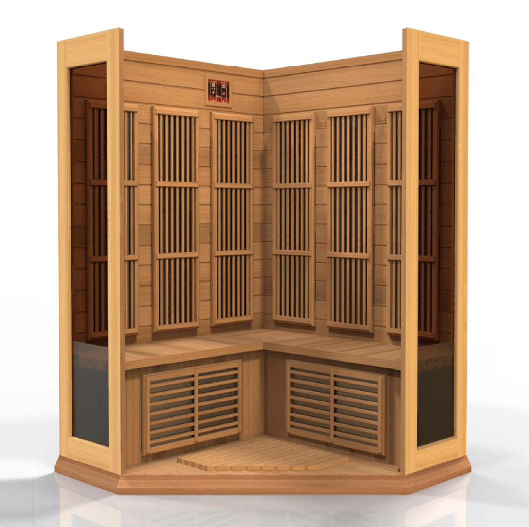 Golden Designs | Maxxus 3-Person Corner Low EMF FAR Infrared Sauna (Canadian Red Cedar) | MX-K356-01 CED