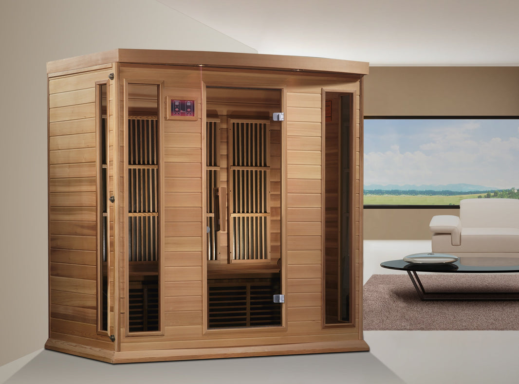 Golden Designs | Maxxus 4-Person Corner Low EMF FAR Infrared Sauna (Canadian Red Cedar) | MX-K406-01 CED