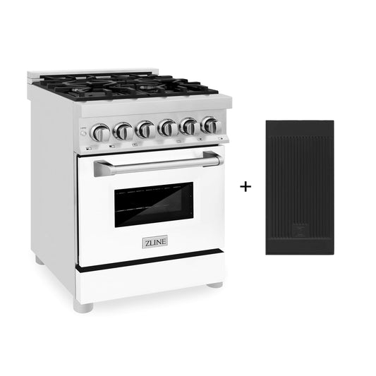 ZLINE 24-Inch Dual Fuel Range with 2.8 cu. ft. Electric Oven and Gas Cooktop and Griddle and White Matte Door in Stainless Steel (RA-WM-GR-24)