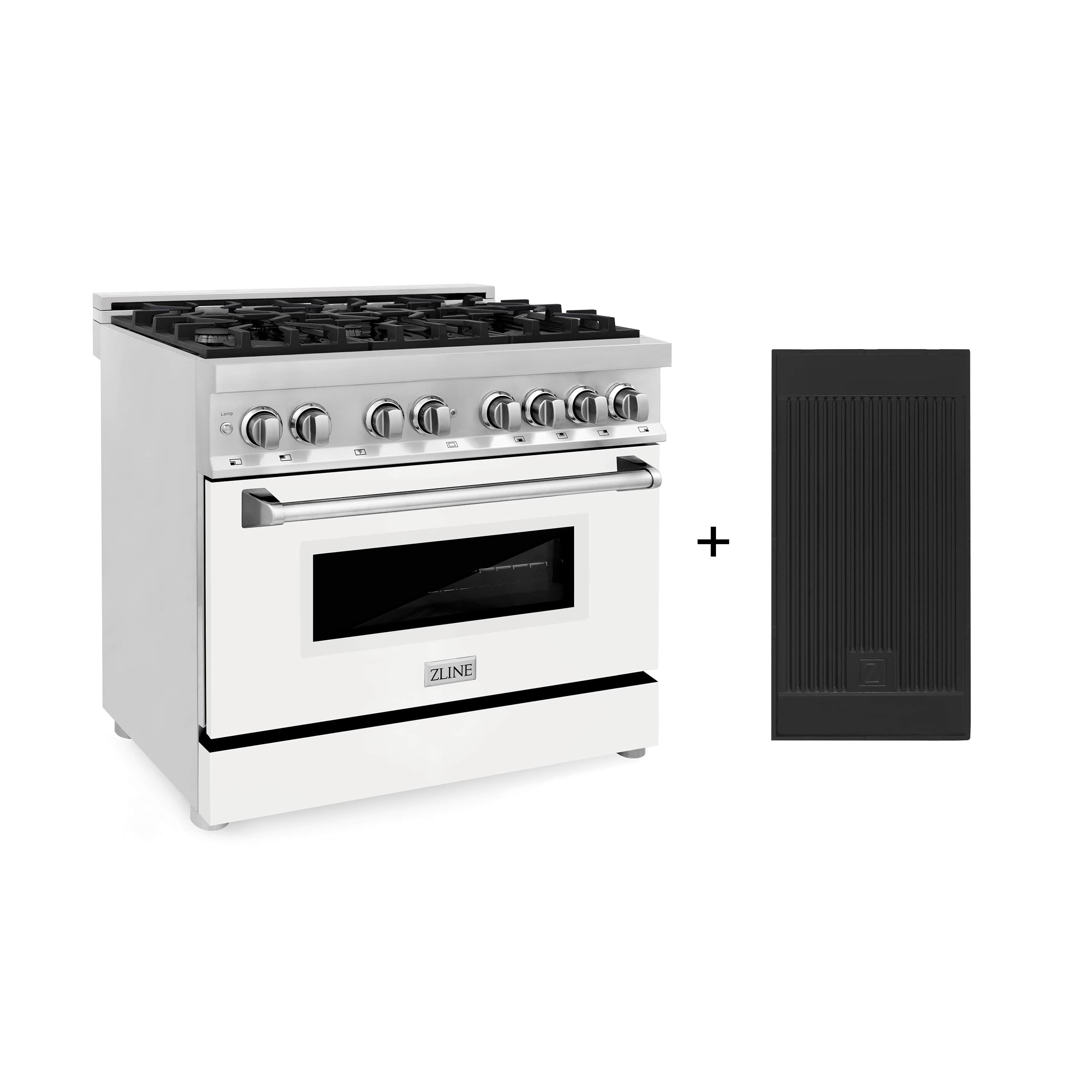 ZLINE 36-Inch Dual Fuel Range with 4.6 cu. ft. Electric Oven and Gas Cooktop and Griddle and White Matte Door in Stainless Steel (RA-WM-GR-36)