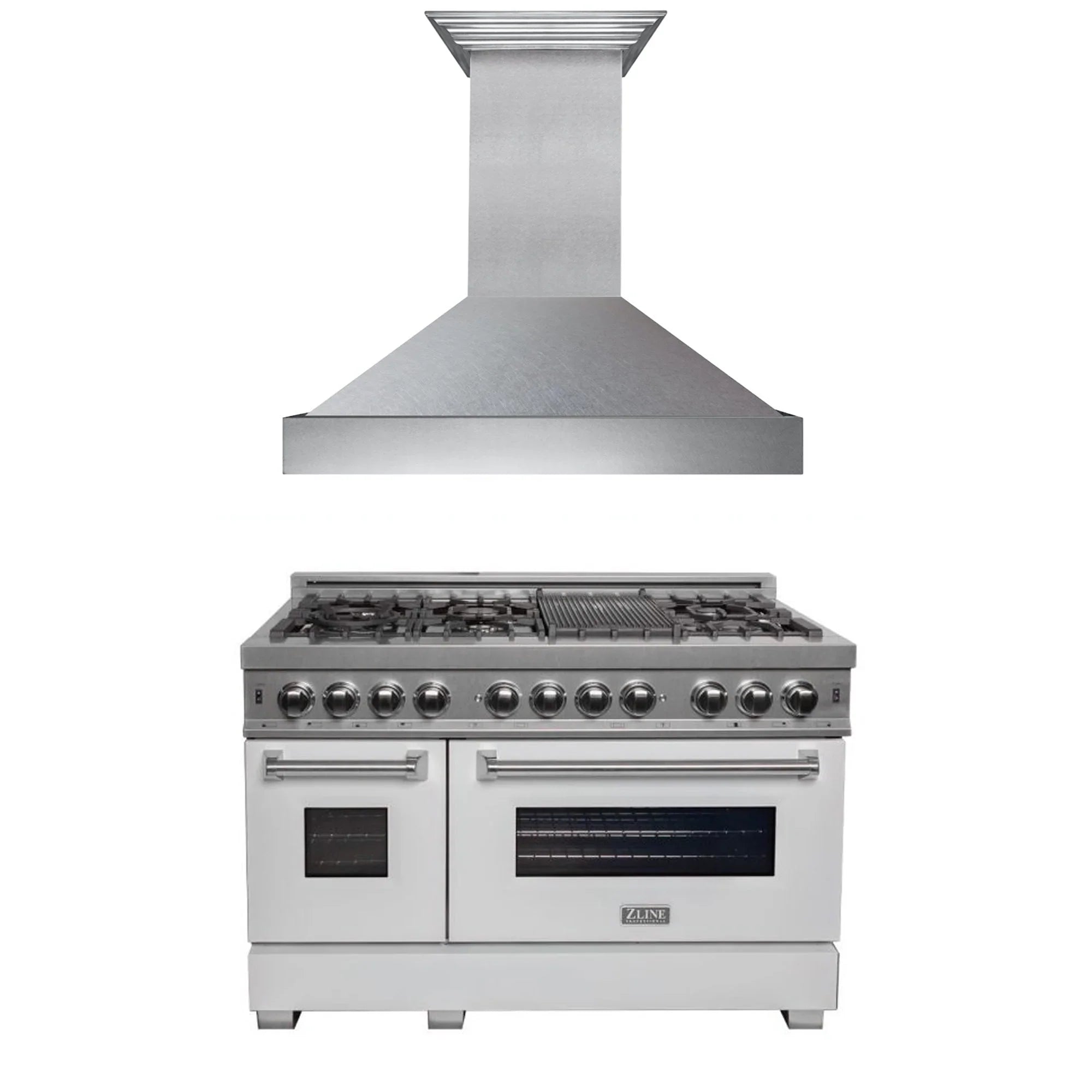 ZLINE 2-Piece Appliance Package - 48-inch Dual Fuel Range & Premium Range Hood in DuraSnow Stainless Steel with White (2KP-RASWMRH48)