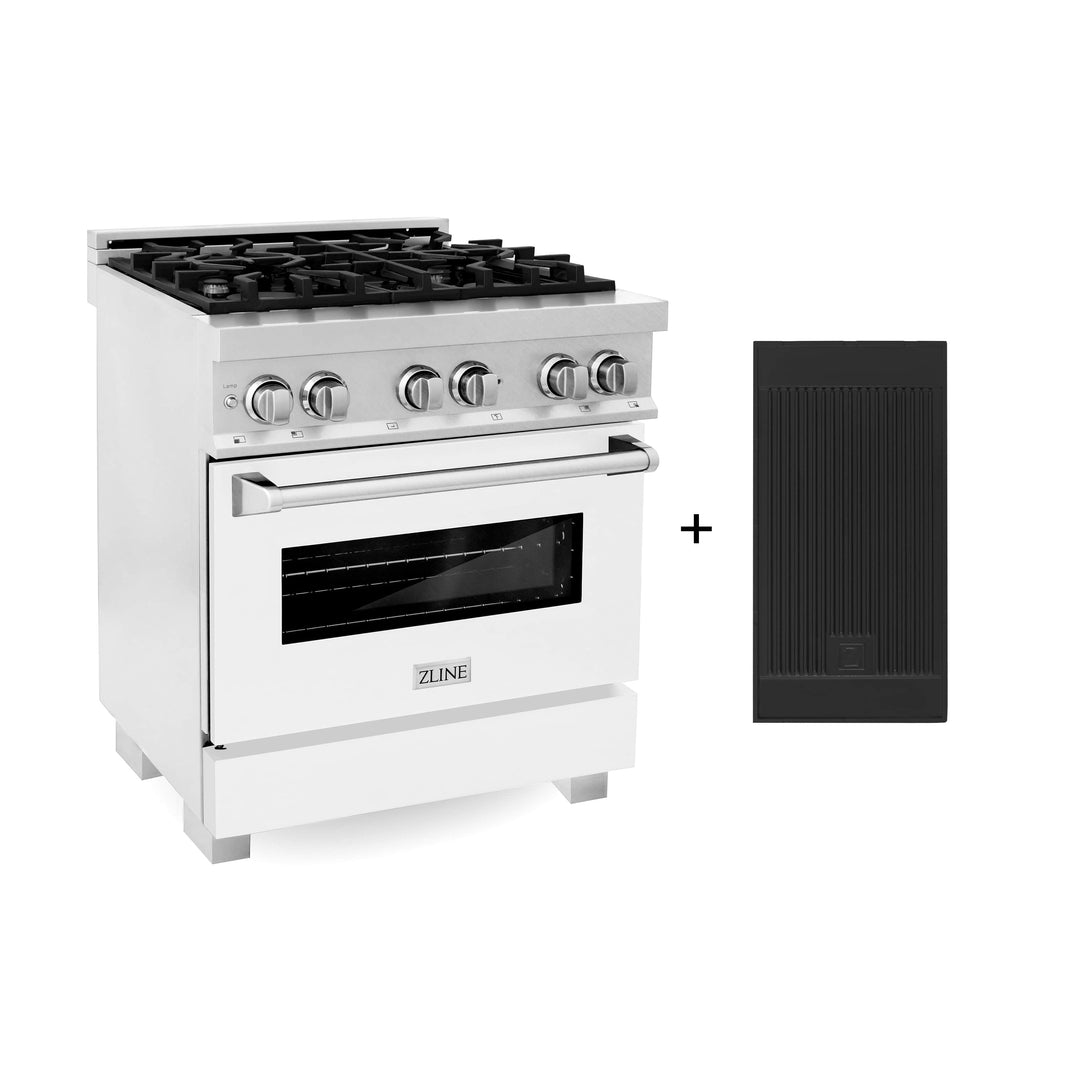 ZLINE 30-Inch Dual Fuel Range with 4.0 cu. ft. Electric Oven and Gas Cooktop and Griddle and White Matte Door in Fingerprint Resistant Stainless (RAS-WM-GR-30)