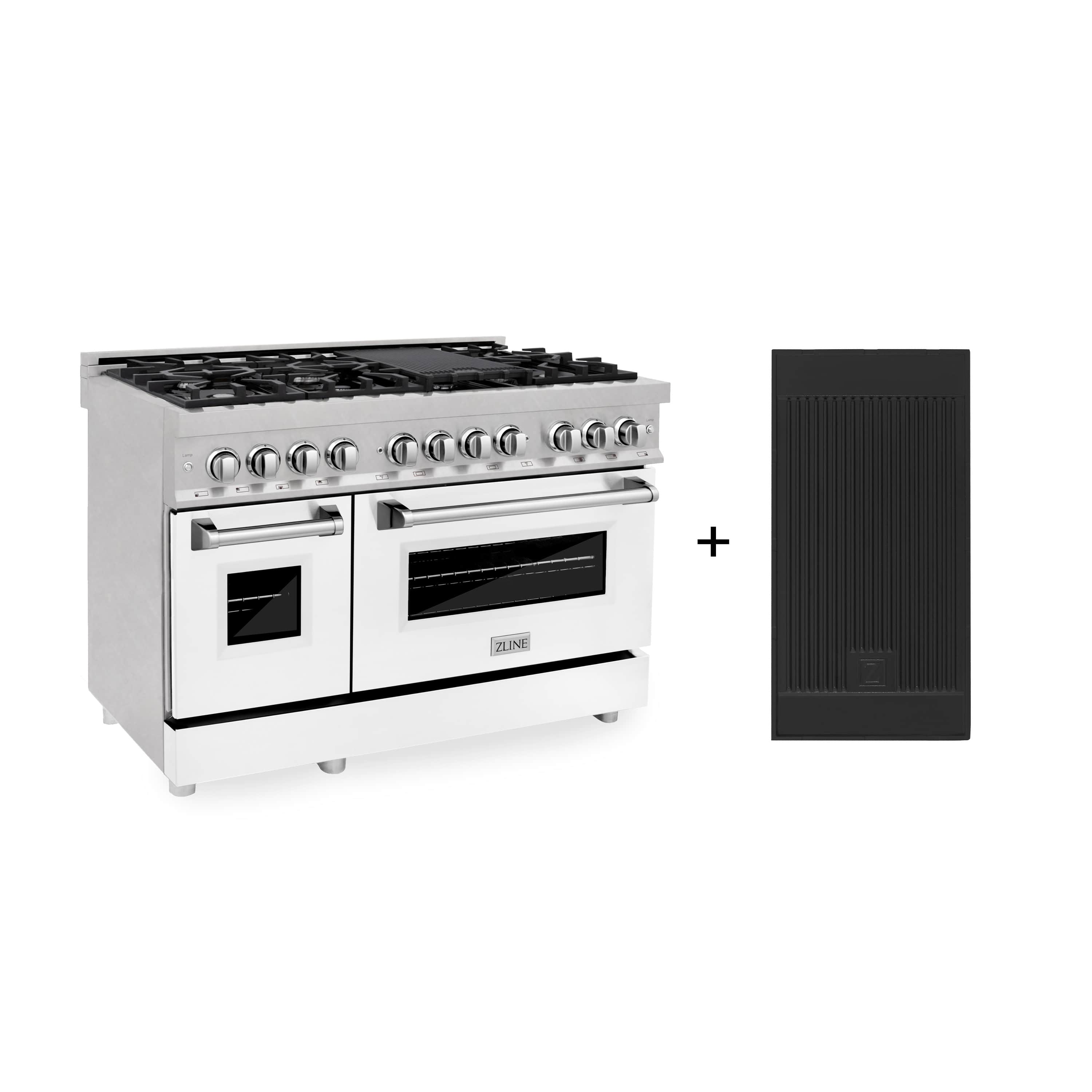 ZLINE 48-Inch Dual Fuel Range with 6.0 cu. ft. Electric Oven and Gas Cooktop and Griddle and White Matte Door in Fingerprint Resistant Stainless (RAS-WM-GR-48)