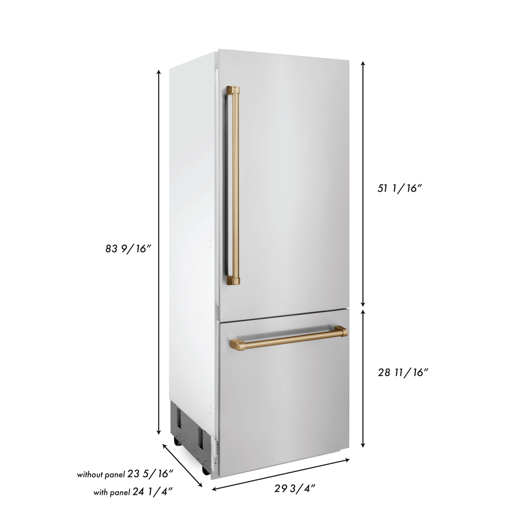 ZLINE 30" Autograph Edition 16.1 cu. ft. Built-in 2-Door Bottom Freezer Refrigerator with Internal Water and Ice Dispenser in Stainless Steel with Champagne Bronze Accents (RBIVZ-304-30-CB)