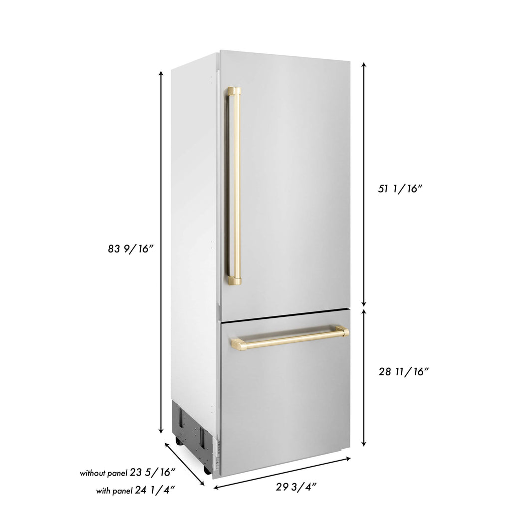 ZLINE 30" Autograph Edition 16.1 cu. ft. Built-in 2-Door Bottom Freezer Refrigerator with Internal Water and Ice Dispenser in Stainless Steel with Gold Accents (RBIVZ-304-30-G)