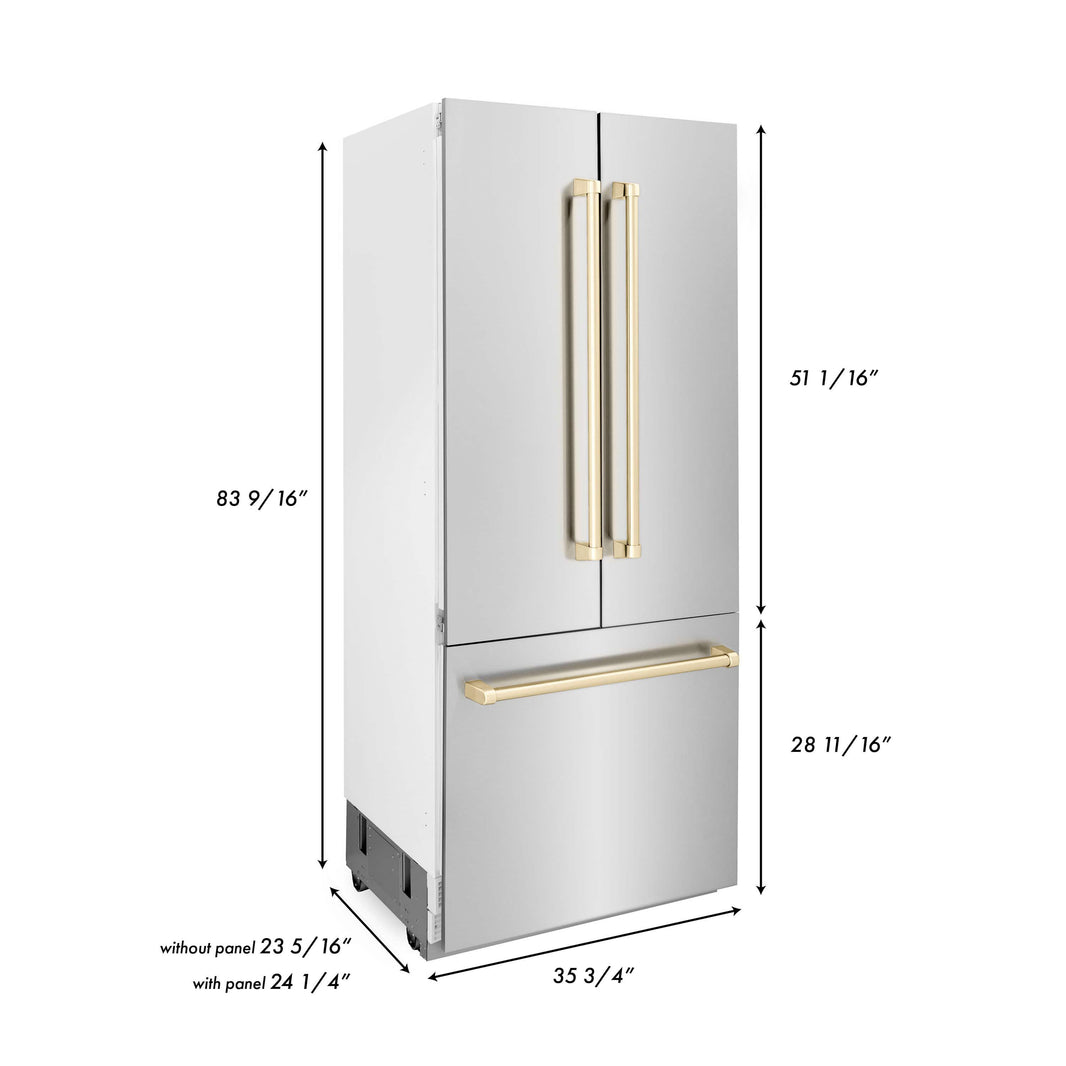 ZLINE 36" Autograph Edition 19.6 cu. ft. Built-in 2-Door Bottom Freezer Refrigerator with Internal Water and Ice Dispenser in Stainless Steel with Gold Accents (RBIVZ-304-36-G)