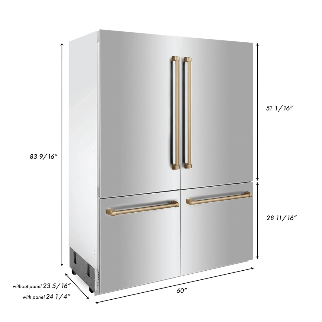 ZLINE 60" Autograph Edition Built-In 32.2 cu. ft. 4-Door French Door Refrigerator with Internal Water and Ice Dispenser in Stainless Steel with Champagne Bronze Accents (RBIVZ-304-60-CB)