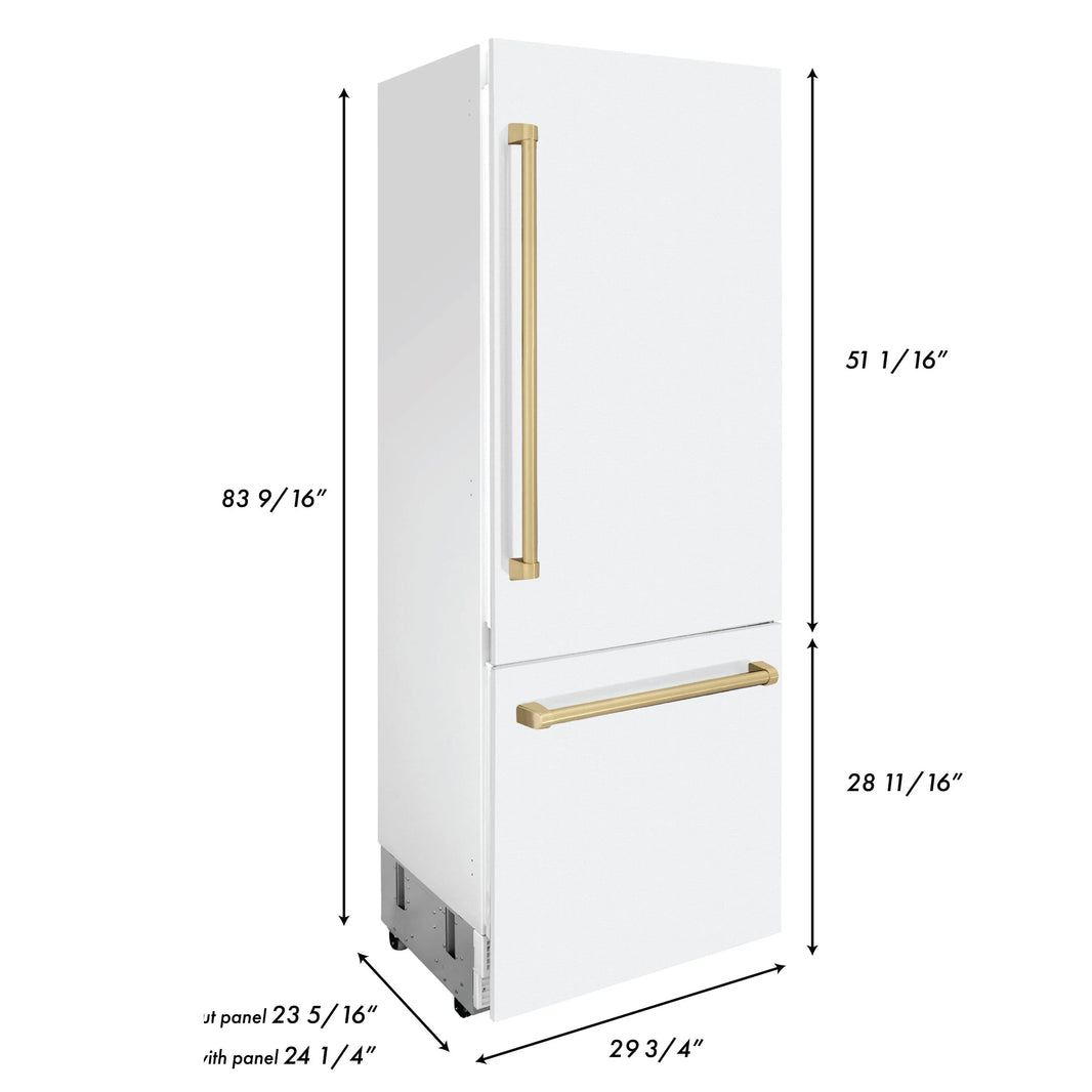 ZLINE 30-Inch Autograph Edition 16.1 cu. ft. Built-in 2-Door Bottom Freezer Refrigerator with Internal Water and Ice Dispenser in White Matte with Champagne Bronze Accents (RBIVZ-WM-30-CB)