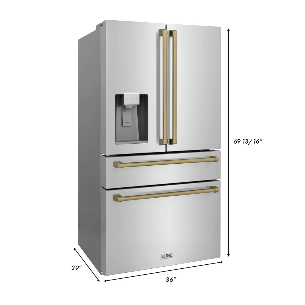 ZLINE Autograph Edition 36" 22.5 cu. ft Freestanding French Door Refrigerator with Water and Ice Dispenser in Stainless Steel with Champagne Bronze Trim (RFMZ-W-36-CB)