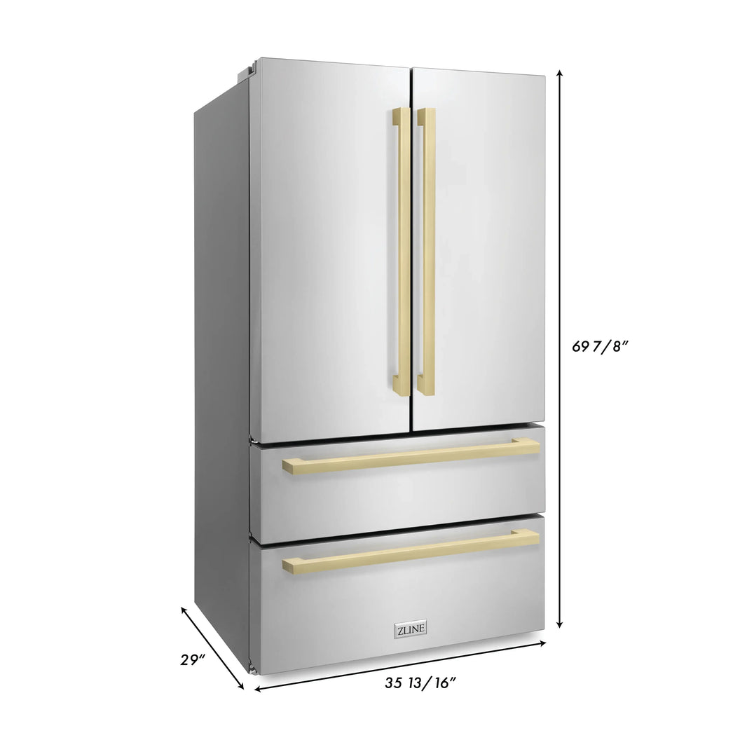 ZLINE 36-Inch Autograph Edition 22.5 cu. ft 4-Door French Door Refrigerator with Ice Maker in Stainless Steel with Champagne Bronze Square Handles (RFMZ-36-FCB)