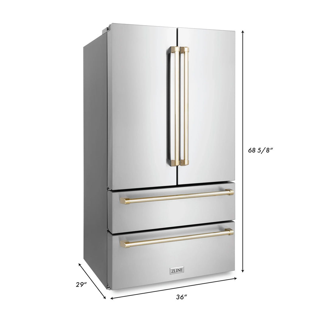 ZLINE Autograph Edition 36" 22.5 cu. ft Freestanding French Door Refrigerator with Ice Maker in Stainless Steel with Gold Trim (RFMZ-36-G)