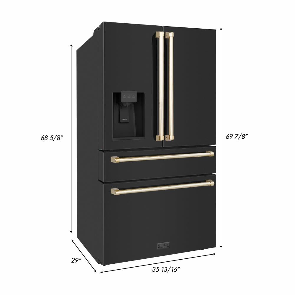 ZLINE 36" Autograph Edition 21.6 cu. ft Freestanding French Door Refrigerator with Water and Ice Dispenser in Fingerprint Resistant Black Stainless Steel with Gold Handles (RFMZ-W-36-BS-G)