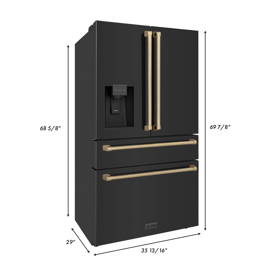 ZLINE Autograph Edition 4-Piece Appliance Package - 36" Dual Fuel Range, 36" Refrigerator with Water Dispenser, Wall Mounted Range Hood, & 24" Tall Tub Dishwasher in Black Stainless Steel with Champagne Bronze Trim (4KAPR-RABRHDWV36-CB)