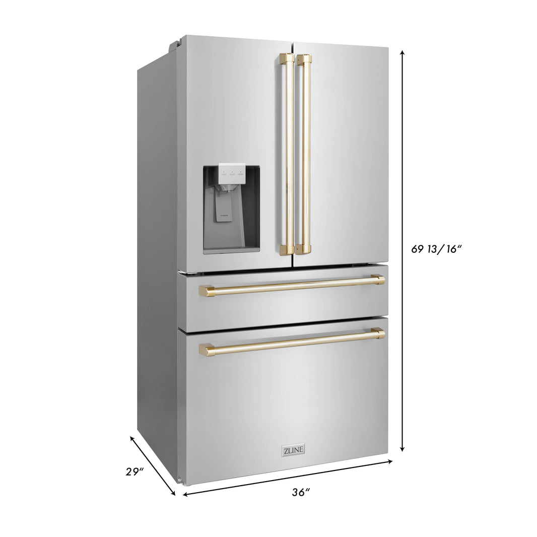 ZLINE Autograph Edition 36" 22.5 cu. ft Freestanding French Door Refrigerator with Water and Ice Dispenser in Stainless Steel with Gold Trim (RFMZ-W-36-G)