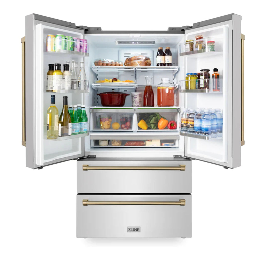 ZLINE Autograph Edition 36" 22.5 cu. ft Freestanding French Door Refrigerator with Ice Maker in Stainless Steel with Champagne Bronze Trim (RFMZ-36-CB)