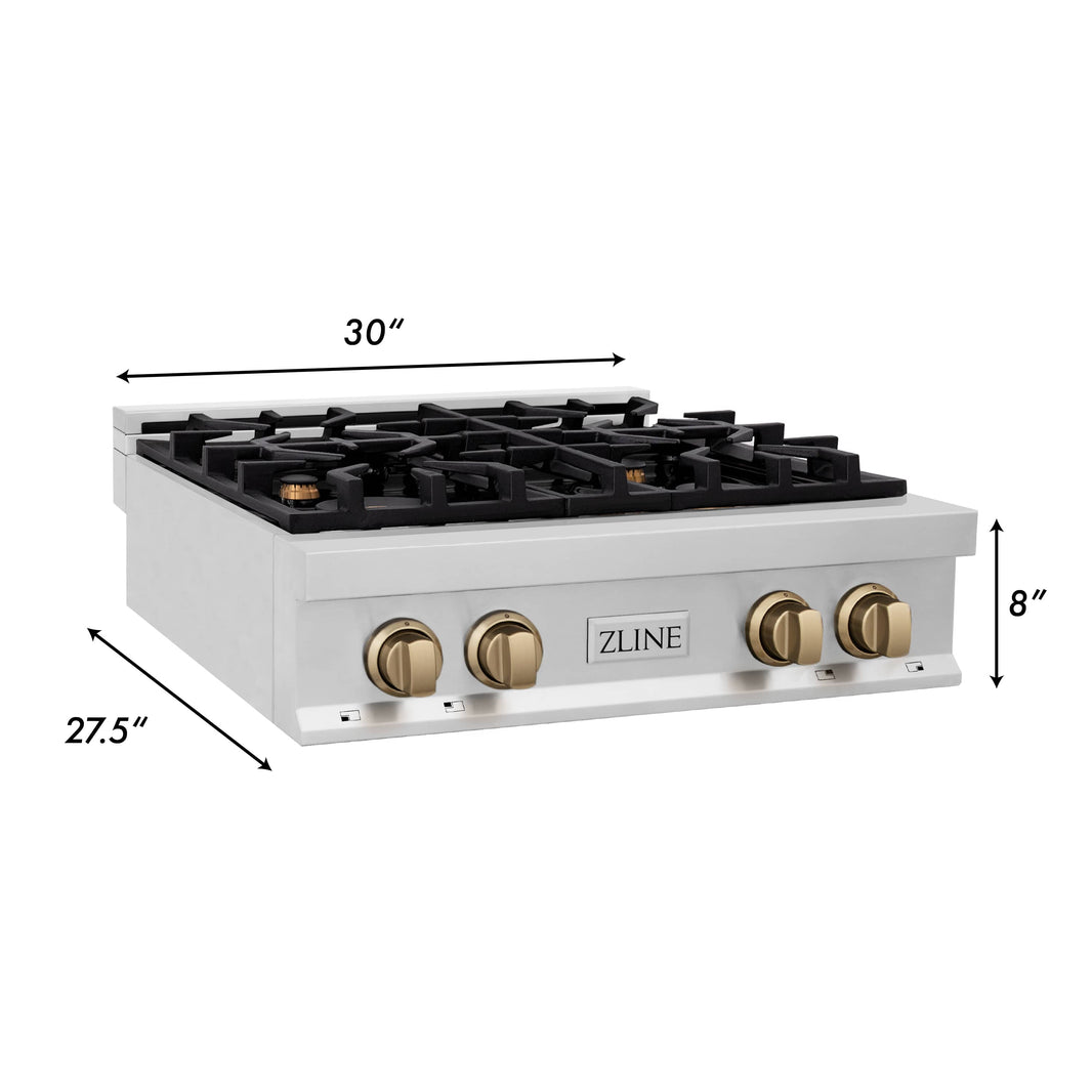 ZLINE Autograph Edition 30-Inch Porcelain Rangetop with 4 Gas Burners in Stainless Steel and Champagne Bronze Accents (RTZ-30-CB)