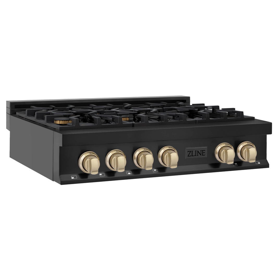 ZLINE Autograph Edition 36-Inch Porcelain Rangetop with 6 Gas Burners in Black Stainless Steel and Gold Accents (RTBZ-36-G)