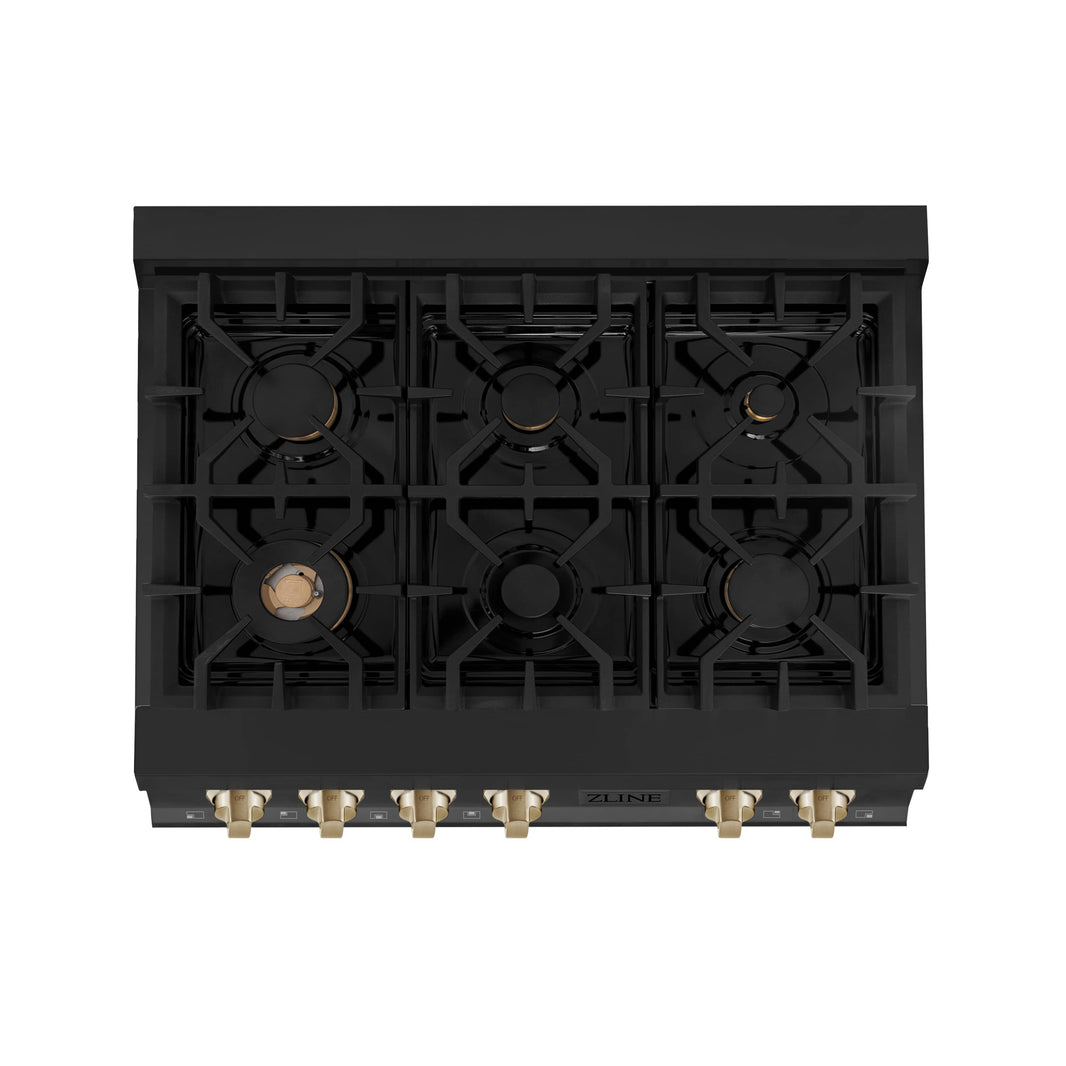 ZLINE Autograph Edition 36-Inch Porcelain Rangetop with 6 Gas Burners in Black Stainless Steel and Gold Accents (RTBZ-36-G)