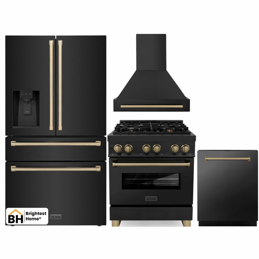 ZLINE Autograph Edition 4-Piece Appliance Package - 30" Dual Fuel Range, 36" Refrigerator with Water Dispenser, Wall Mounted Range Hood, & 24" Tall Tub Dishwasher in Black Stainless Steel with Champagne Bronze Trim (4KAPR-RABRHDWV30-CB)