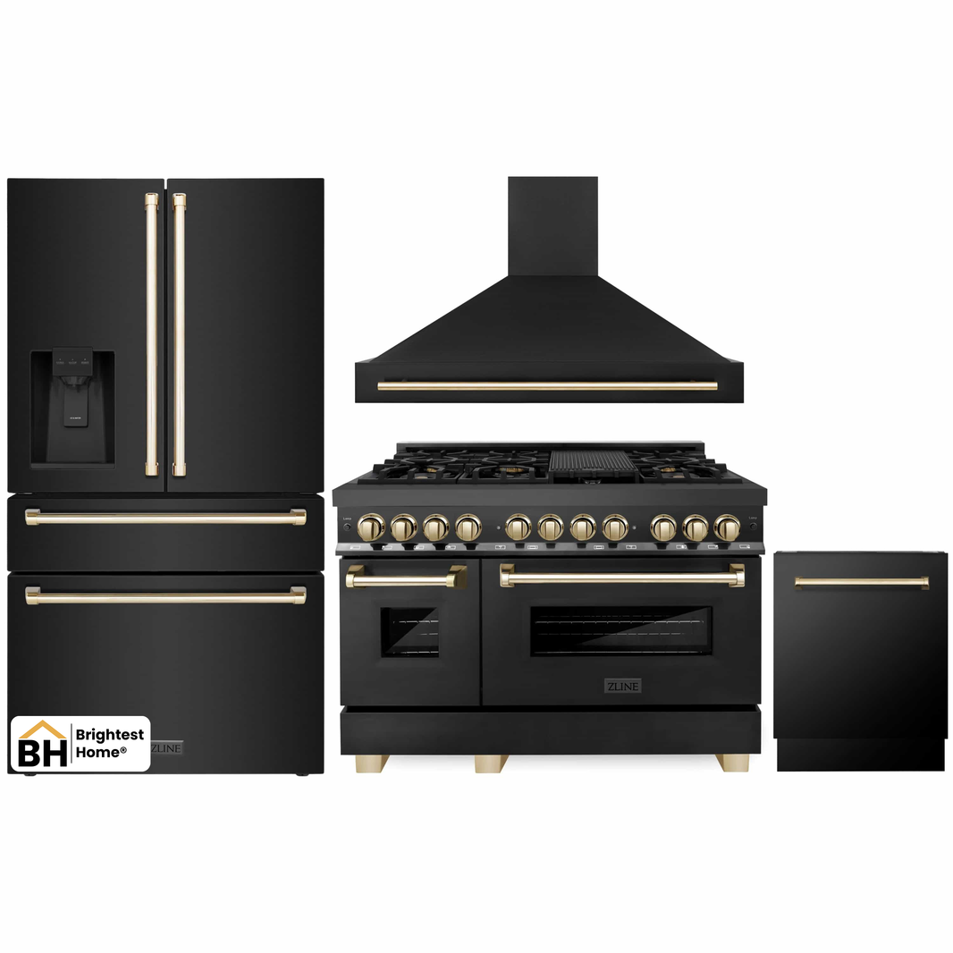 ZLINE Autograph Edition 4-Piece Appliance Package - 48" Dual Fuel Range, 36" Refrigerator with Water Dispenser, Wall Mounted Range Hood, & 24" Tall Tub Dishwasher in Black Stainless Steel with Gold Trim (4KAPR-RABRHDWV48-G)