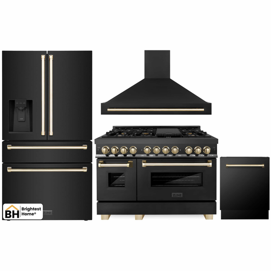 ZLINE Autograph Edition 4-Piece Appliance Package - 48" Dual Fuel Range, 36" Refrigerator with Water Dispenser, Wall Mounted Range Hood, & 24" Tall Tub Dishwasher in Black Stainless Steel with Gold Trim (4KAPR-RABRHDWV48-G)