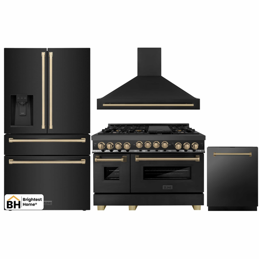 ZLINE Autograph Edition 4-Piece Appliance Package - 48" Dual Fuel Range, 36" Refrigerator with Water Dispenser, Wall Mounted Range Hood, & 24" Tall Tub Dishwasher in Black Stainless Steel with Champagne Bronze Trim (4KAPR-RABRHDWV48-CB)