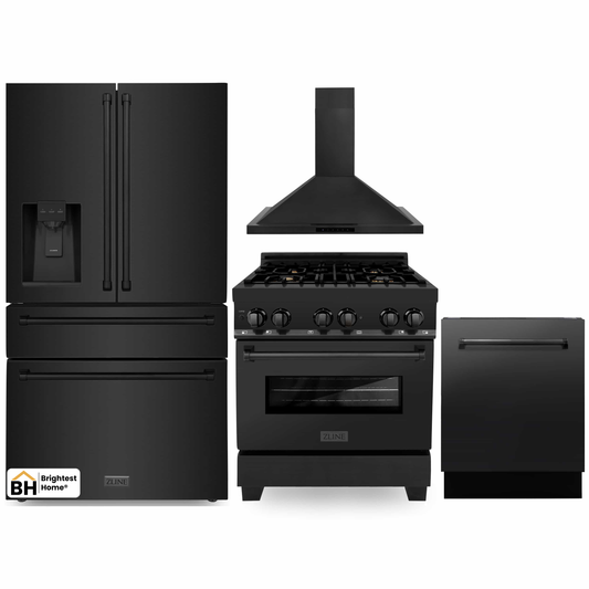 ZLINE 4-Piece Appliance Package - 30" Dual Fuel Range with Brass Burners, 36" Refrigerator with Water Dispenser, Convertible Wall Mount Hood, and 3-Rack Dishwasher in Black Stainless Steel (4KPRW-RABRH30-DWV)