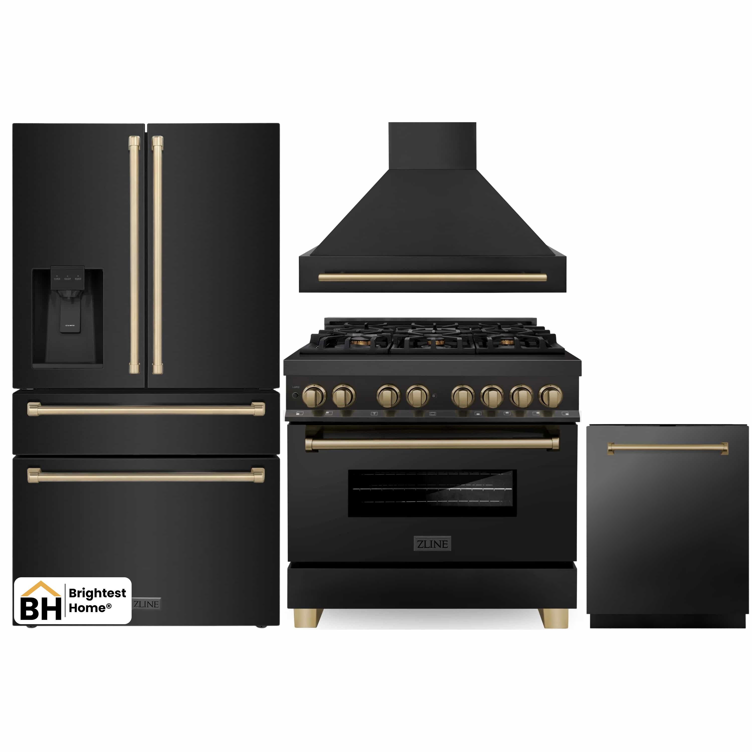 ZLINE Autograph Edition 4-Piece Appliance Package - 36" Dual Fuel Range, 36" Refrigerator with Water Dispenser, Wall Mounted Range Hood, & 24" Tall Tub Dishwasher in Black Stainless Steel with Champagne Bronze Trim (4KAPR-RABRHDWV36-CB)