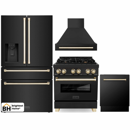 ZLINE Autograph Edition 4-Piece Appliance Package - 30" Dual Fuel Range, 36" Refrigerator with Water Dispenser, Wall Mounted Range Hood, & 24" Tall Tub Dishwasher in Black Stainless Steel with Gold Trim (4KAPR-RABRHDWV30-G)