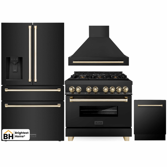 ZLINE Autograph Edition 4-Piece Appliance Package - 36" Dual Fuel Range, 36" Refrigerator with Water Dispenser, Wall Mounted Range Hood, & 24" Tall Tub Dishwasher in Black Stainless Steel with Gold Trim (4KAPR-RABRHDWV36-G)