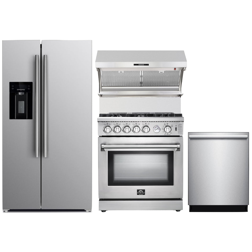 Forno 4-Piece Appliance Package - 30-Inch Gas Range, Refrigerator with Water Dispenser, Wall Mount Hood with Backsplash, & 3-Rack Dishwasher in Stainless Steel