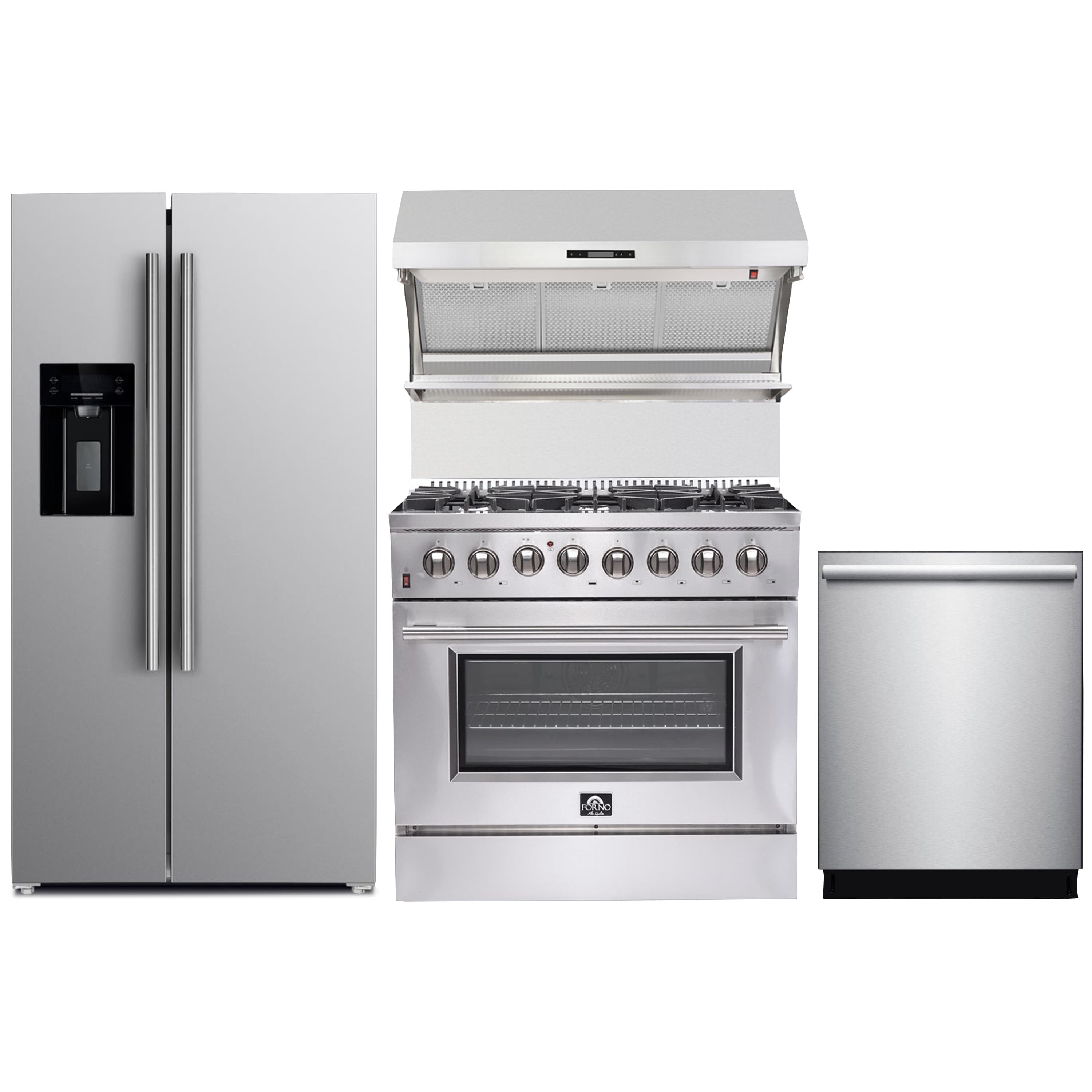 Forno 4-Piece Appliance Package - 36-Inch Dual Fuel Range, Refrigerator with Water Dispenser, Wall Mount Hood with Backsplash, & 3-Rack Dishwasher in Stainless Steel